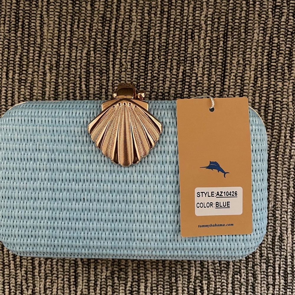 Tommy Bahama Light Blue Woven Shell Clasp Crossbody Bag with detachable chain - Picture 4 of 7